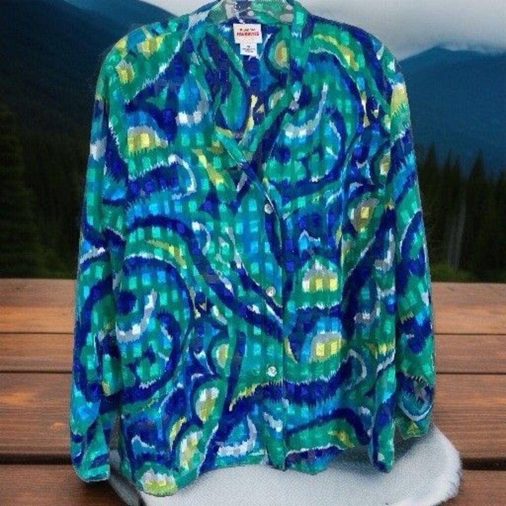 Ruby Rd. Top 10 Sheer Blue & Green Button Front Roll Tab Sleeves NWOTS Excellent